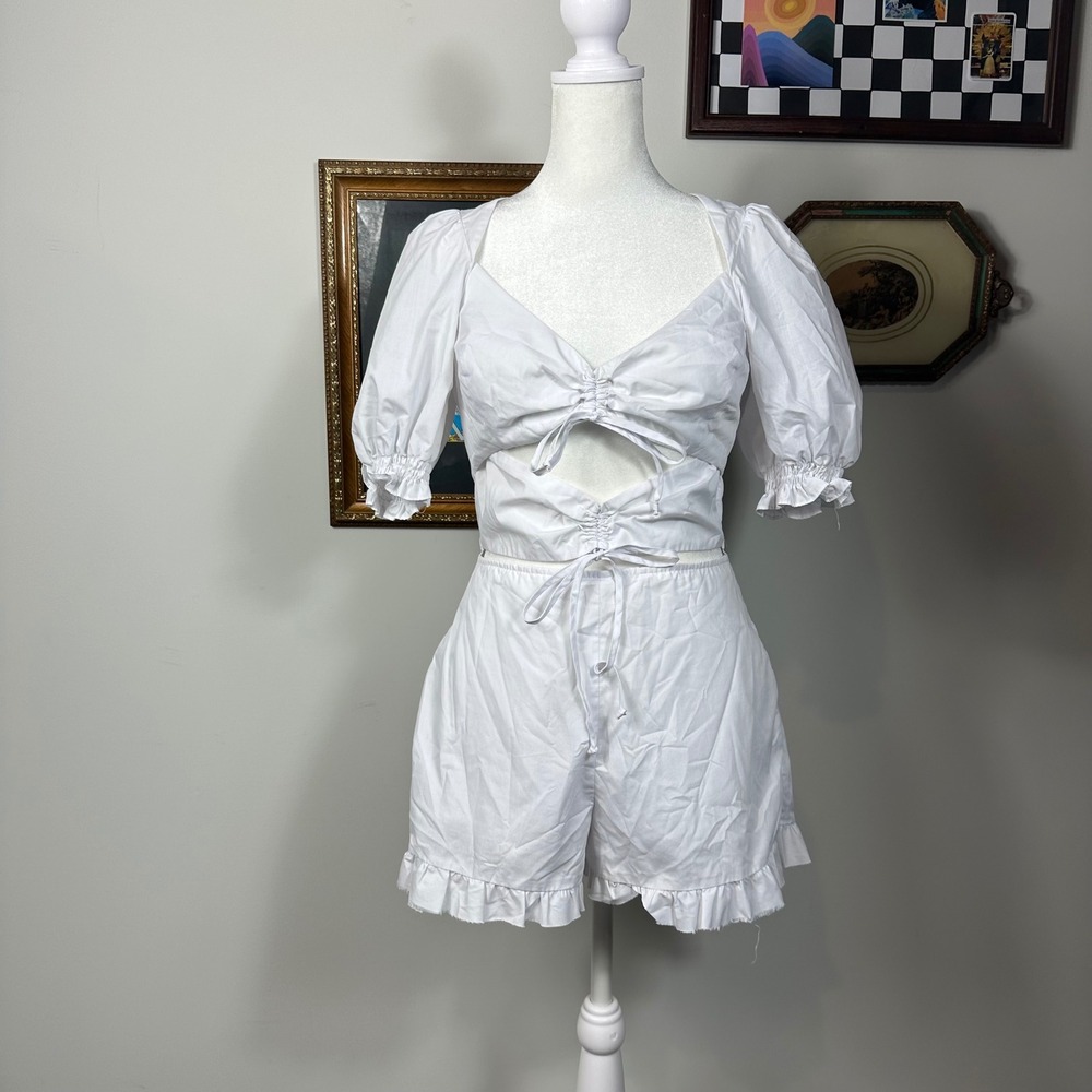 For Love & Lemons White‎ Ruffled Puff Sleeve Cutout Romper - SIZE S Festival